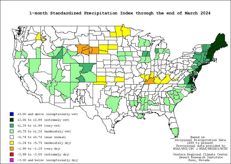 1 Month Standardized Precipitation Index, calculated by Climate Division. 